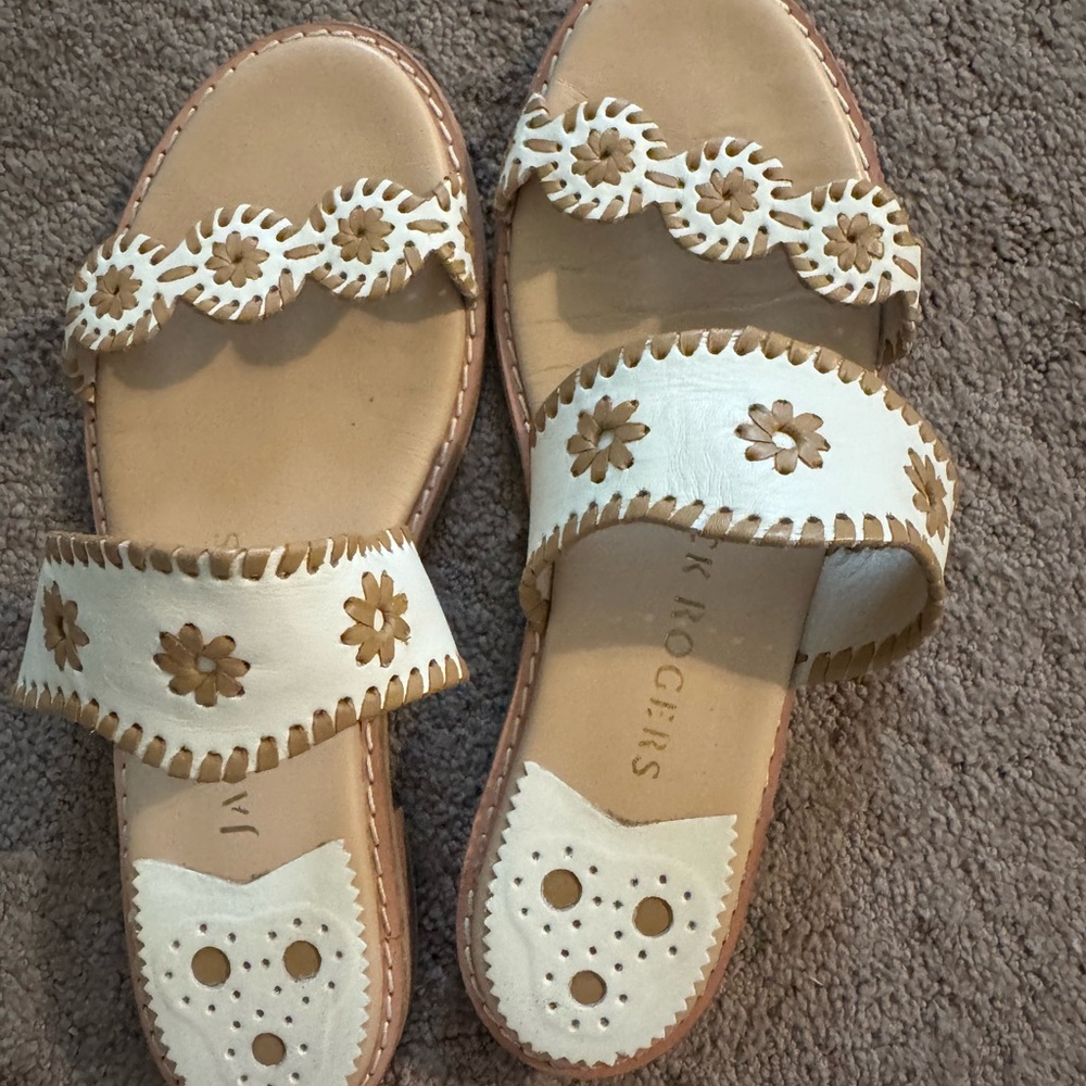 Jack Rogers Women's Leather Slides Sandals in Tan and Cream